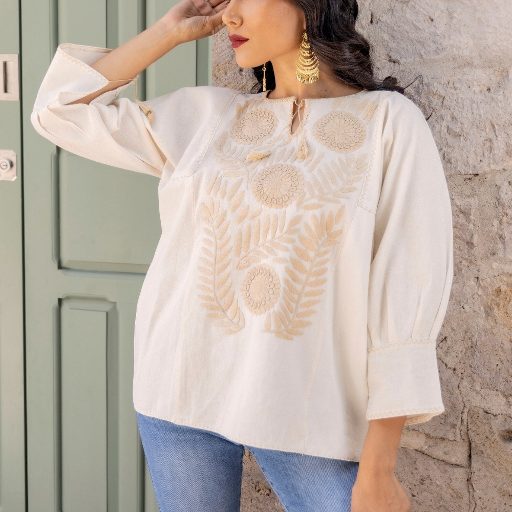 Elegant Cream Embroidered Women's Top
